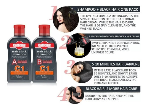 Imagen 3 de 6 de Shampoo Colorante Negro Tiñe Canas Barba 5 Minutos Caffeine