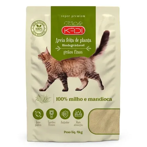 Areia Gato Kadi Milho Mandioca 4kg Biodegradável Grãos Finos Sem pó Natural Saudável Descarte Banheiro Areia Cat Pet