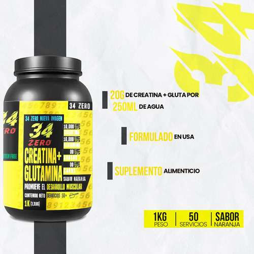 Suplemento Creatina + Glutamina 34 Zero 1 Kg 50 Servicios Naranja