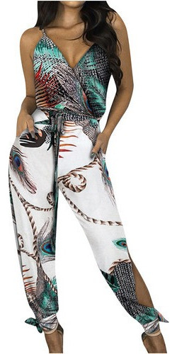 Ladies Peacock Print Jumpsuit Wide Leg Pants