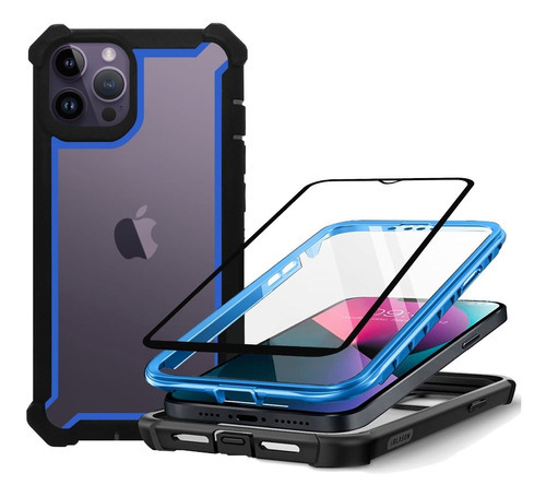 Funda De Uso Rudo Tough 360 + Mica 9d Para iPhone 14 Pro Max Color Azul