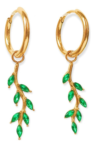 Argollas Aros Huggies Zirconia Hoja Verde Chapada En Oro 18k