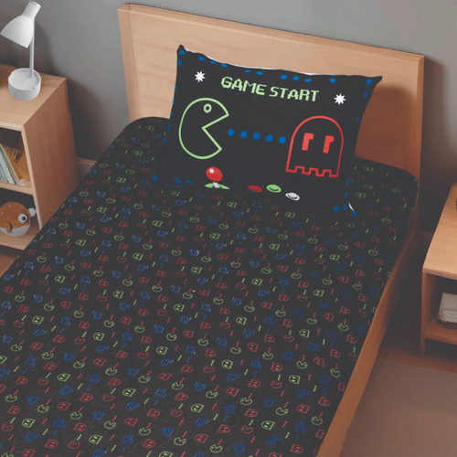 Jogo De Cama Solteiro Elástico Dinossauro Gatinho Pac-man