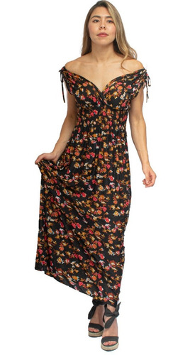 Vestido Maxi Estampado Floral Con Tirantes Gruesos Cuello V