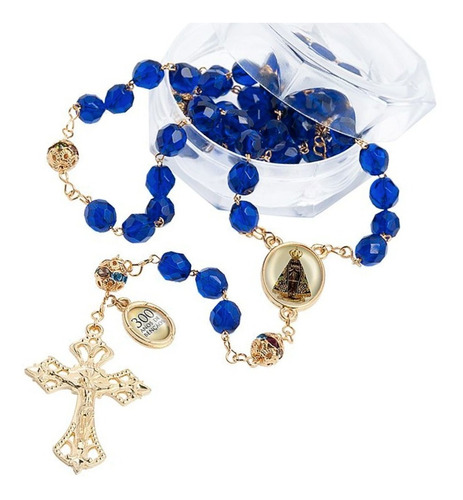 Terço Nossa Senhora Aparecida Cristal Azul Facetados Ouro