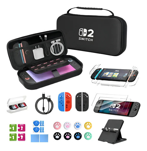 Kit Bolsa Case Bolsa Estojo Para Nintendo Switch 2 Preto Case E Estojo Acessórios Para Nintendo Switch 2 Com Acrilico Película Eva Grip Case Película E Grips Resistente à água Case
