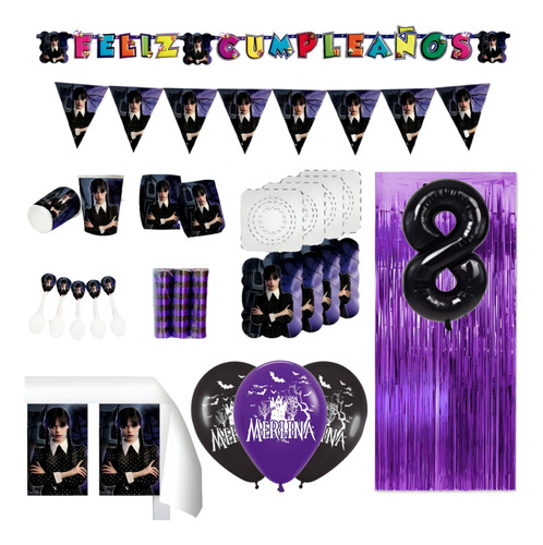 Kit Infantil Decoración Fiesta - Merlina Addams X12 Inv