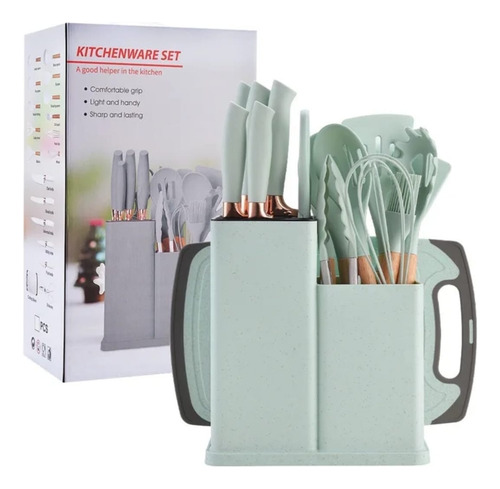 Utensilios De Cocina De Silicona Cuchillos Cucharas Tabla Verde Seco