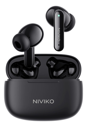 Auriculares Bluetooth Inalambricos Niviko Tws In Ear Buds NVK-A9760 V5.3 Micrófono Dual Negro Color De La Luz Verde