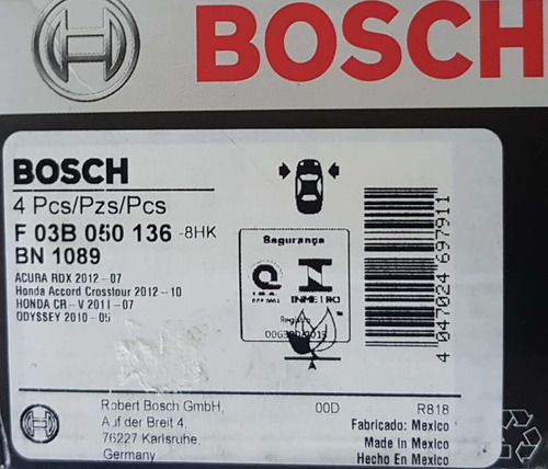 Imagem 5 de 8 de Pastilha Freio Honda Crv 2012/2016 Bosch Dianteira+traseira