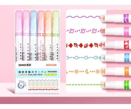 Canetas Coloridas Fine Carimbo Roller Papelaria Fofa 6unid