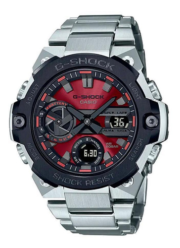 Reloj Casio G-Shock Solar G-Steel GST-B400ad-1A4dr, color de la correa: plateado, color del bisel, negro, color de fondo burdeos