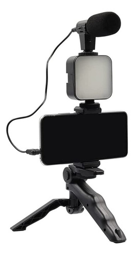 Kit Para Streaming Vlogs Tripode Luz Micrófon Palo Selfies Color Negro