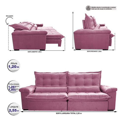 Sofá Retrátil 2,55m Cama Inbox Big Fresh. Com Softgel d40 Cor Rose