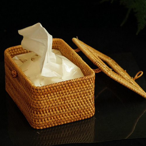 Caja Rectangular De Papel Para Pañuelos De Ratán Con 2 Estan