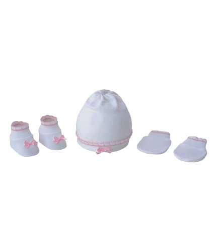 Kit Gorro Luva Sapatinho Liso Rn Pimpolho Bebê Branco/rosa 2