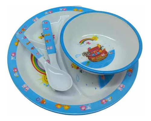 Plato Y Bowl Para Bebe Con Cuchara Y Tenedor En Celeste