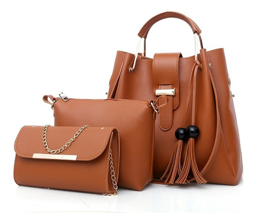 Imagen 1 de 8 de Set 3 Bolsas Mujer Borla Moda Cartera Crossbody Tote Hobo Pu