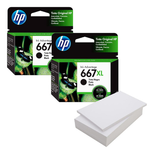 Kit De 2 Cartuchos Hp 667xl Negro + Resma