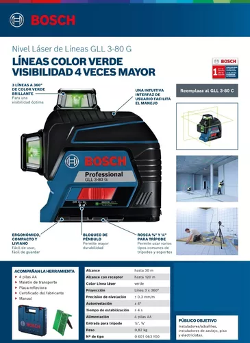 Nivel láser de líneas GLL 3-80 con accesorios de Bosch