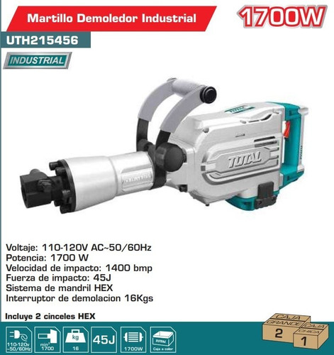 Imagen 2 de 2 de Martillo Demoledor Industrial Total 1700w