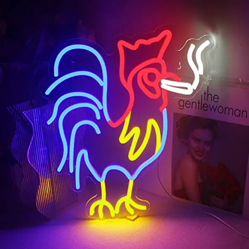 Letrero De Neon De Gallo Rojo Y Azul Para Decoración De Pare
