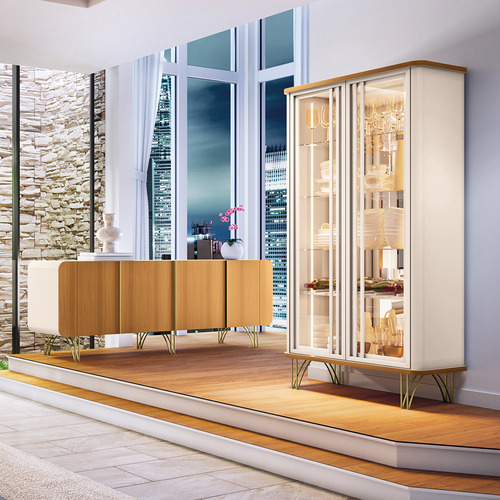 Cristaleira E Buffet Led Portas De Vidro Off White/cinamomo