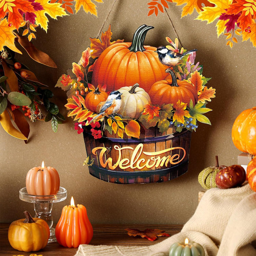 Letrero De Bienvenida Colgante De Madera De Calabaza Otoñal