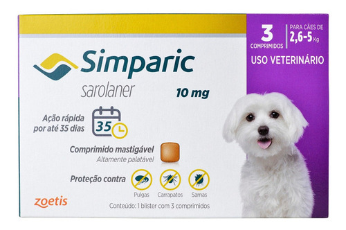 Antipulgas Simparic 10mg 2,6 A 5kg C/3 Comprimidos