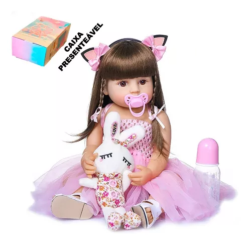 Boneca Bebe Reborn Castanha Rosa