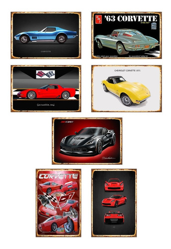 7 Carteles Metalicos Chevrolet Corvette Autos 20 X 30 Cms 