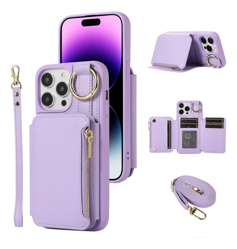 Funda Cartera Para iPhone 15 Pro Morado 6.1 PuLG Piel Sin-11