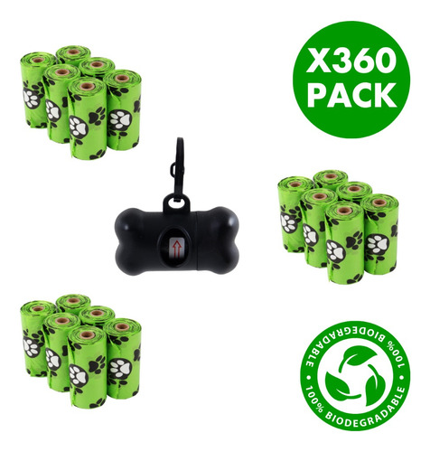 360 Bolsas Caca Perro Biodegradables 24 Rollos + Dispensador