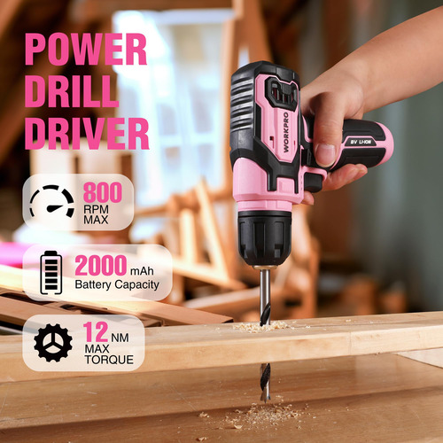 Set De Taladros Eléctricos Workpro Pink, 8 V, Inalámbrico, C