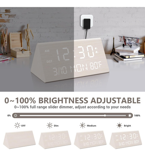 Reloj Despertador Digital Kogonee Modelo Madera 12/24 Horas Blanco