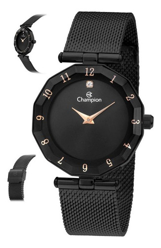 Relógio Champion Feminino Preto Rose Cn24502n Original Nota