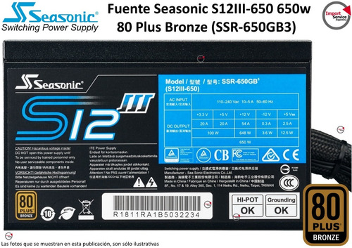 Imagen 1 de 8 de Fuente Seasonic S12iii-650 650w 80 Plus Bronze (ssr-650gb3)
