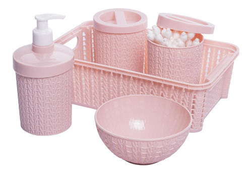 Kit 5 Peças Higiene Do Bebê C/ Cestinha Trama Plasútil Cor Rosa