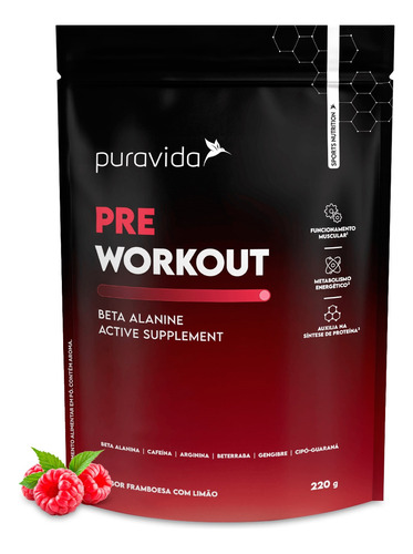 Pre Workout - Beta Alanine - Pre Treino - Puravida - 220g Sabor Framboesa com Limão