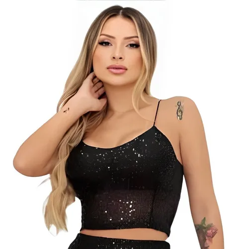 Blusa Cropped Paetê Feminino Curto Alcinha Moda Luxo Top