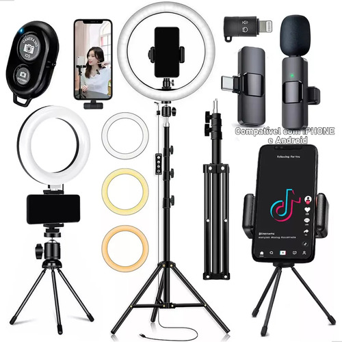 Kit Youtuber 2 Ringlinght Iluminador Lapela Bluetooth Selfie Estrutura Preto Luz 3 Temperaturas 127/220V