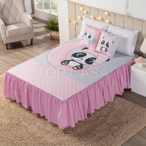 Kit Cobre Leito Infantil Solteiro Menina Estampado Coruja + Cortina + Jogo  De Cama