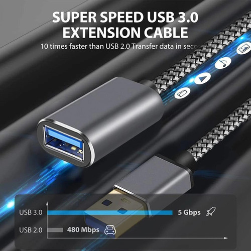 2 Cable De Extensión Usb 3.0 Macho A Hembra Nylon 0,5 M
