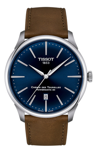 Reloj Hombre Tissot T139.407.16.041.00 Chemin Des Tourelles Color De La Correa Marrón Color Del Bisel Plateado Color Del Fondo Azul