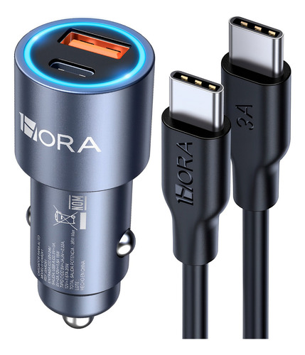 Turbo Cargador Auto 1hora 38w Doble Simultaneo Usb Y Tipo C Gris