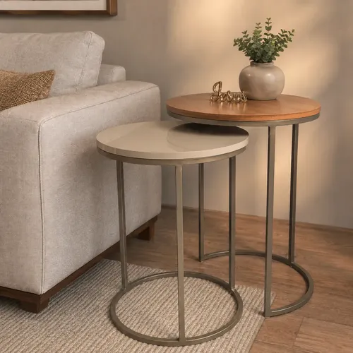Duo Lateral De Mesas Auxiliar Champanhe Com Mdf Off White