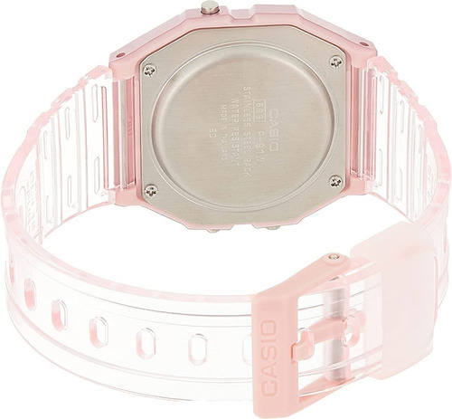 Reloj pulsera Casio Collection F-91 de cuerpo color rosa, digital, fondo gris, con correa de resina color transparente y rosa, dial negro, minutero/segundero negro, bisel color rosa y hebilla simple