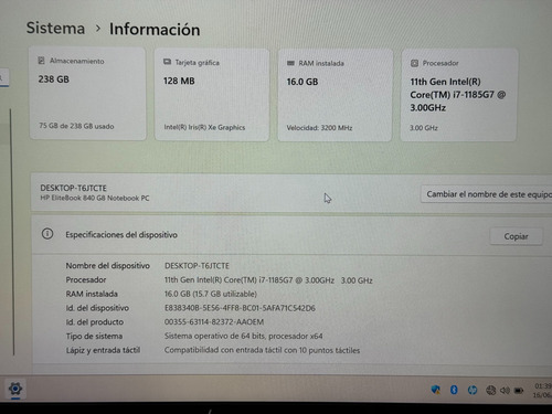 Hp Litebook 840 G8 Intel Core I7/16 Ram/256gb/display Touch Gris (Usado)