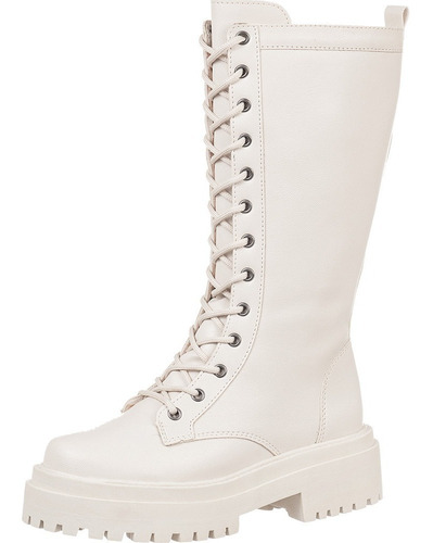 Bota Feminina Branca Off White Coturno Cano Longo Tratorado 