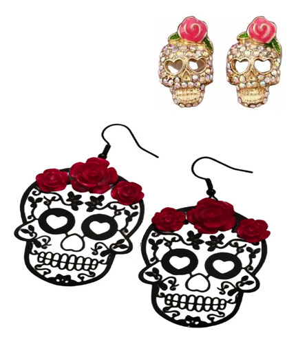 Aretes Calavera Rosas Dia Muertos Halloween Pack